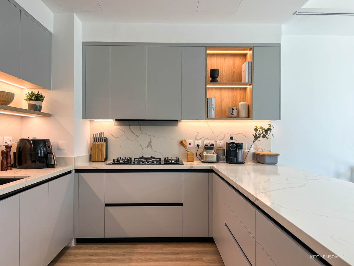 Modern Grey Kitchen  with Waterfall Island